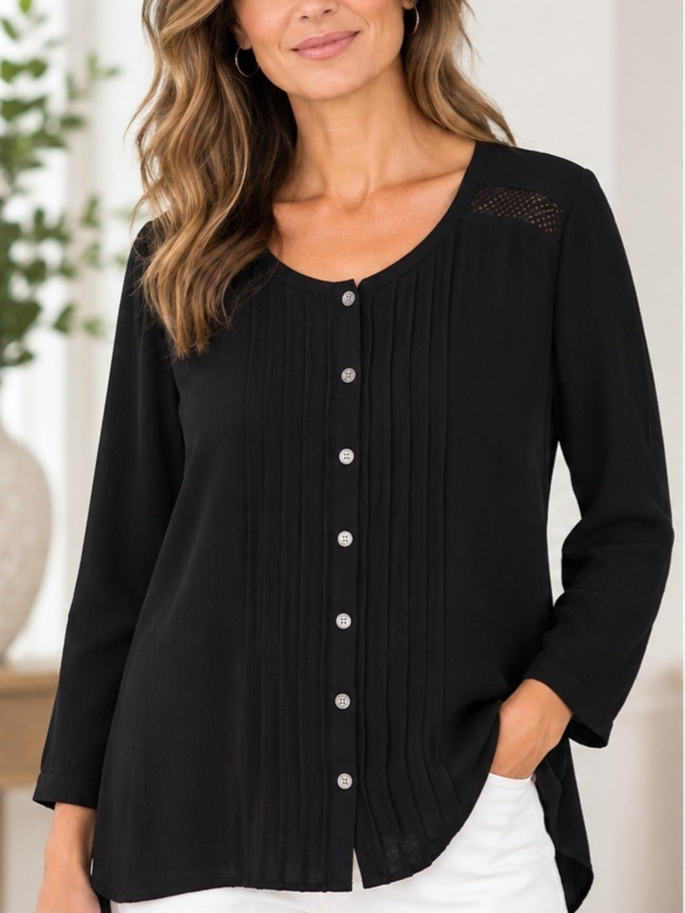 Eddie Bauer Black Pintuck Button-Front Women's Shirt Sz XL NWT Minimalist Resort